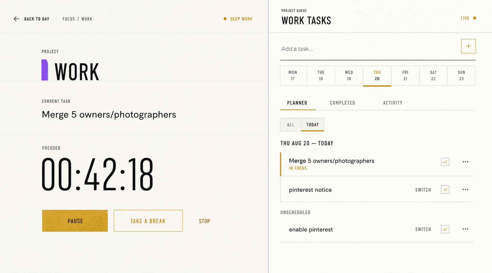 Focused Work focus workspace showing the active project, elapsed time, and task ledger