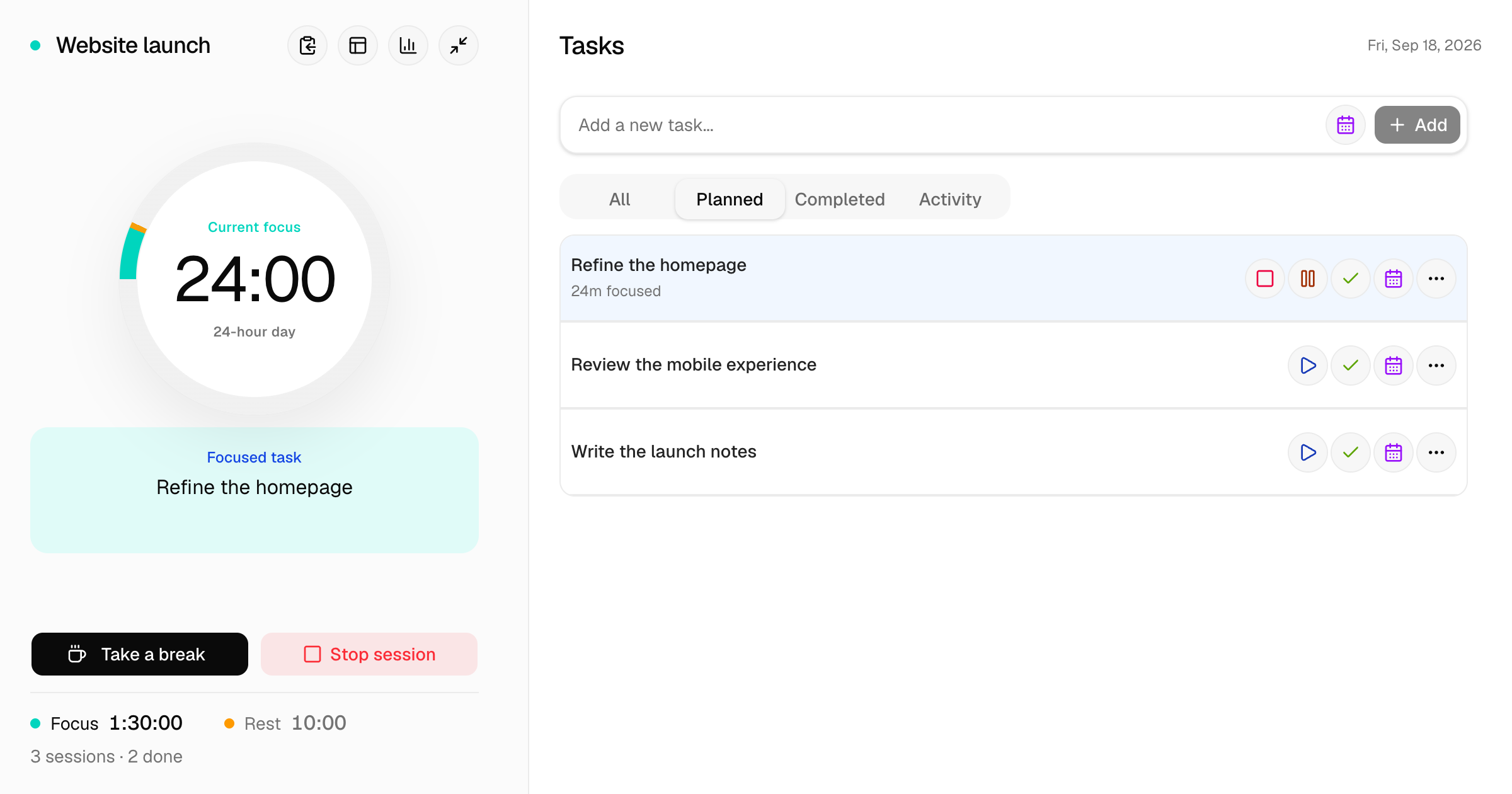 Focus Work showing the current task and focus timer for a website launch. Sample data.